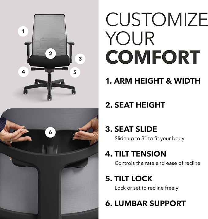 HON Ignition 2.0 Mid‑Back Ergonomic Office Chair, Mesh Task Seating with Lumbar Support, Advanced Synchro‑Tilt, Height and Width Adjustable Arms, Black Frame, Fog