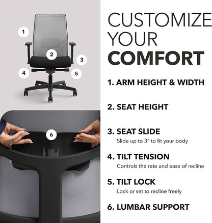 HON Ignition 2.0 Mid‑Back Ergonomic Office Chair, Mesh Task Seating with Lumbar Support, Advanced Synchro‑Tilt, Height and Width Adjustable Arms, Black Frame, Fog