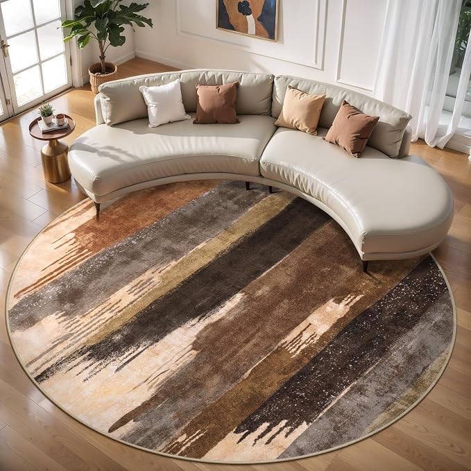 Ciicool 6ft Round Washable Rug, Modern Abstract Circle Rugs, Non-Slip Thin Lightweight Rug Brown Black Circular Print Distressed Carpet for Bedroom Living Room Under Dining Table Home Office Decor