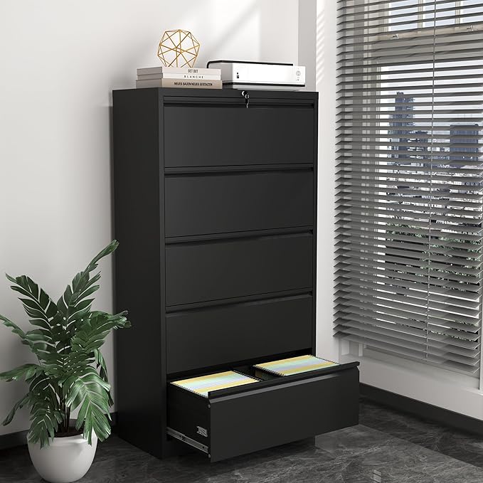 5 Drawer File Cabinet,Metal Lateral Filing Cabinet with Lock,Home Office Storage Organizer Cabinet for Legal/Letter/A4/F4 Size Files,35.5" W,Black
