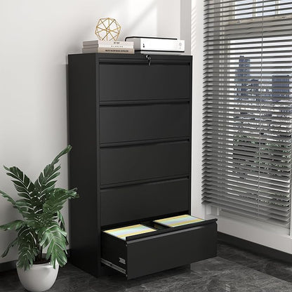 5 Drawer File Cabinet,Metal Lateral Filing Cabinet with Lock,Home Office Storage Organizer Cabinet for Legal/Letter/A4/F4 Size Files,35.5" W,Black