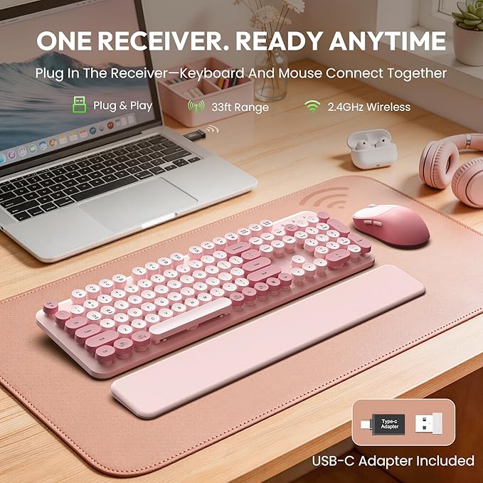 Wireless Keyboard and Mouse Combo, Typewriter Keyboard with Detachable Wrist Rest, Full-Size Retro Round Keycaps, Smart-Sleep, 2.4GHz Stable Connection for Mac/Windows/PC, Trueque(Rose Mist Pink)