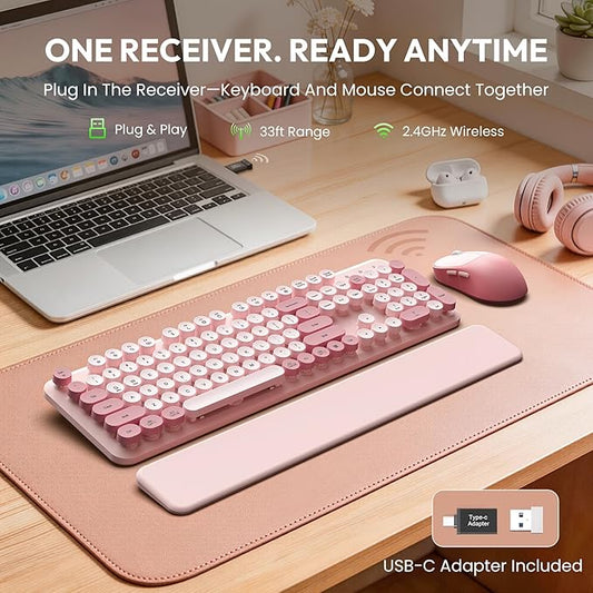 Wireless Keyboard and Mouse Combo, Typewriter Keyboard with Detachable Wrist Rest, Full-Size Retro Round Keycaps, Smart-Sleep, 2.4GHz Stable Connection for Mac/Windows/PC, Trueque(Rose Mist Pink)