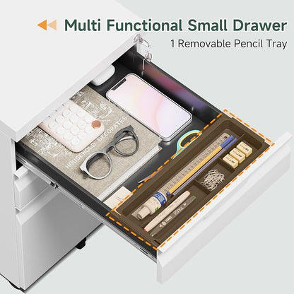 Mobile File Cabinet with Lock,3 Drawer Under Desk Metal Rolling Filing Cabinets for Home Office Organizer A4/Letter/Legal,Easy Assembly,White