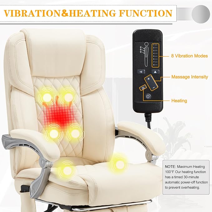 HOMREST Executive Office Chair with Footrest, 6-Point Massage Office Chair with Reclining Backrest, Heated Leather Computer Chair for Home Office(Cream)