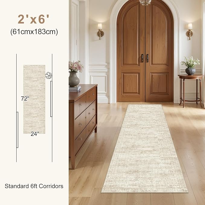UERMEI 3x8 Washable Runner Rug for Hallway, Non Slip Low Pile Kitchen Carpet, Neutral Modern Abstract Indoor Floor Mat for Entryway Laundry, Kid & Pet Safe High Traffic Area, Beige/Brown