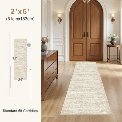 UERMEI 3x8 Washable Runner Rug for Hallway, Non Slip Low Pile Kitchen Carpet, Neutral Modern Abstract Indoor Floor Mat for Entryway Laundry, Kid & Pet Safe High Traffic Area, Beige/Brown