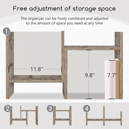 Jerry & Maggie Desktop Organizer Office Storage Rack Adjustable Wood Display Shelf Free Style Double H, Multi-Functional Mini Bookshelf for Desk Natural Stand (Gray Oak)