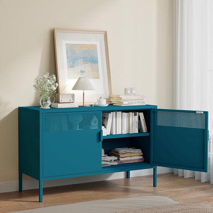 Metal Storage Cabinet with 2 Doors & Adjustable Shelves, 25" H Blue Accent Cabinet, Metal Locker Storage Cabinets, Tv Stand Cabinet for Home, Office, Living Room, Entryway