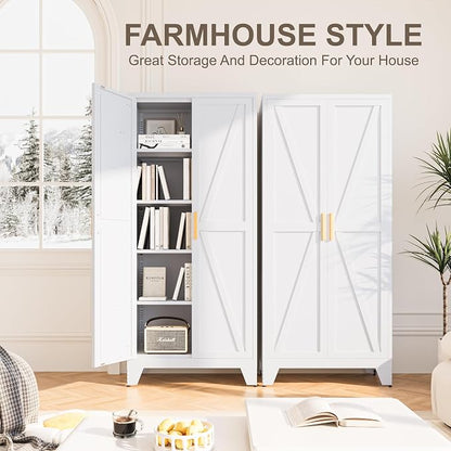 Baborokic 71H Tall Metal Storage Cabinet with 2 Doors and Adjustable Shelves,Farmhouse Storage Cabinet with Barn Doors,Pantry Storage for Home,Office,Dining Room,Kitchen(White)