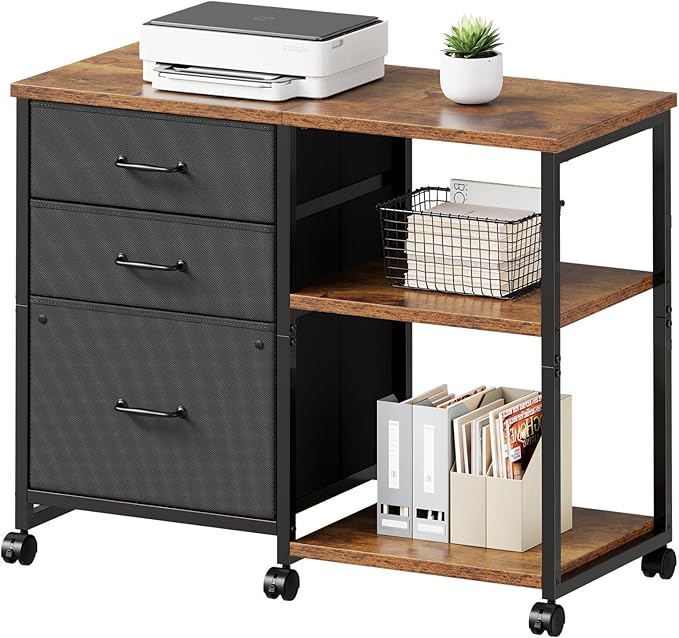 Maihail 3 Drawer File Cabinet with Wheels Rolling Printer Stand with Open Storage Shelf Fabric Lateral Filing Cabinet for Home Office,Rustic Brown