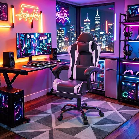 Gaming Chair with Footrest, Ergonomic Computer Gaming Desk Chair with Lumbar Support & Headrest, Adjustable High Back PU Leather Office Chair, Swivel Racing Style Gamer Chair, Black/White