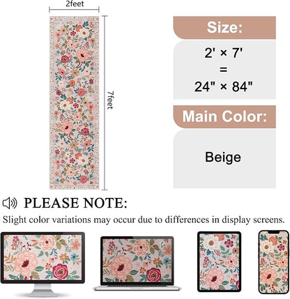 DUKINO Runner Rug, 2x7 Boho Kitchen Rug for Hallways with Low Pile Design, Washable Non Slip Backing Soft Floral Runner for Kitchen, Hallway, Entryway, Bedroom, Laundry, Beige