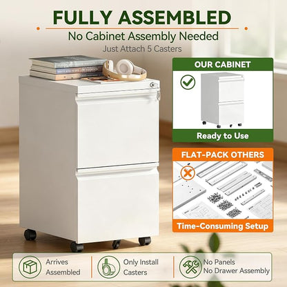 SAWJEC 2 Drawer Mobile File Cabinet with Lock, Fully Assembled Rolling Metal Filing Cabinet for Home Office, Vertical Locking File Cabinet with Wheels, Fits Letter/Legal/A4, White, 17"D x 15"W x 26"H