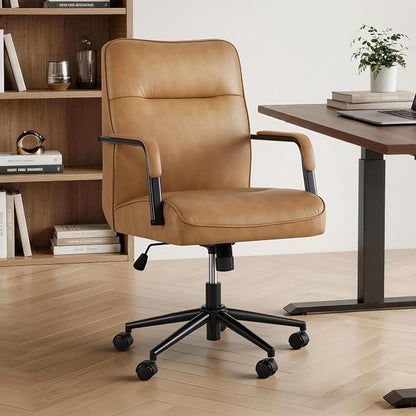 KISLOT Ergonomic Home Office Chair with Lumbar Support, Adjustable Swivel Modern Desk Chair with Wheels, Faux Leather Computer Chair with Padded Arms, Comfy Executive Office Chair, Camel Brown