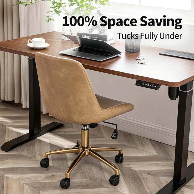 DUHOME Modern PU Leather Office Chair Desk Chair Swivel Computer Chair with Gold Base Camel