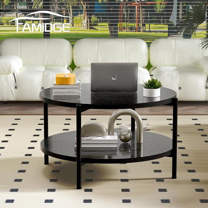 FAMIDGE Coffee Table, 2 Tier Coffee Tables for Living Room, Round Coffee Table with Storage, Floor Table for Bedroom, Home Office, Black (27.6" D x 18.1" H)