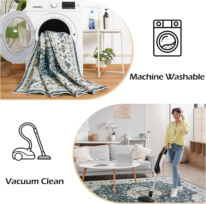 Goideal Washable Rug 4x6, Vintage Area Rugs Non Slip, Indoor Low Pile Carpet with Rubber Backing for Living Room Kitchen Bathroom Entryway Office Bedroom, Black & White