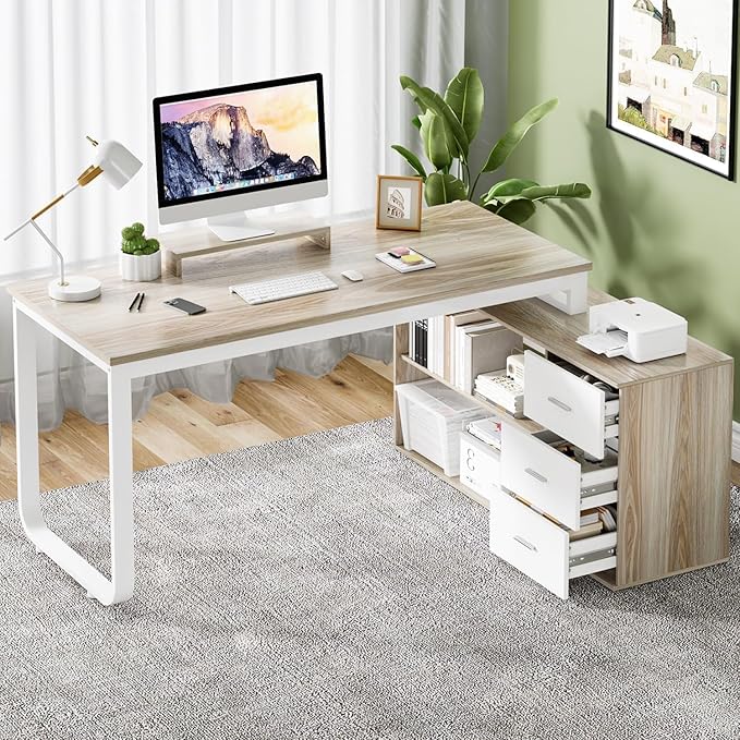 MaverickFurni 55" L Shaped Desk with Drawers and Shelves, Home Office Desk with Monitor Stand for Work Writing Study, Reversible Corner Desk with Storage, White and Walnut