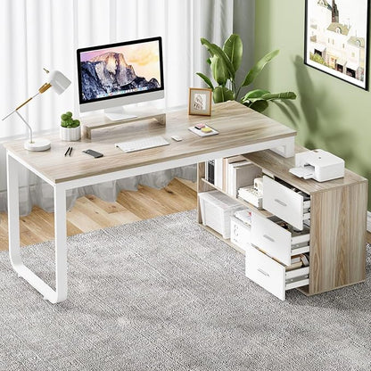 MaverickFurni 55" L Shaped Desk with Drawers and Shelves, Home Office Desk with Monitor Stand for Work Writing Study, Reversible Corner Desk with Storage, White and Walnut