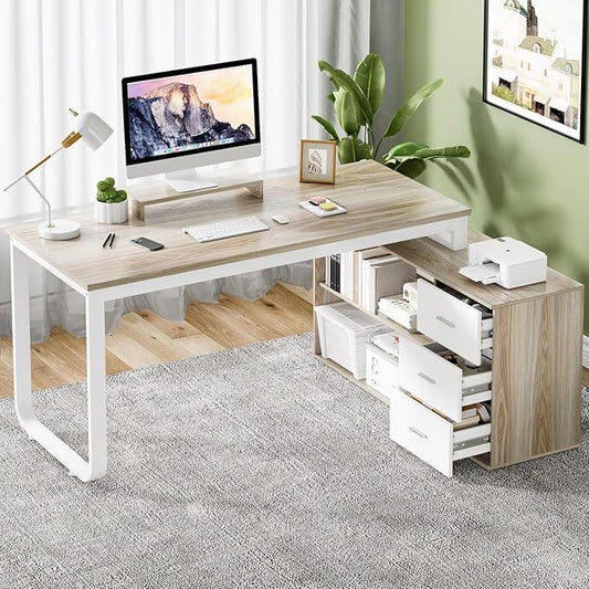MaverickFurni 55" L Shaped Desk with Drawers and Shelves, Home Office Desk with Monitor Stand for Work Writing Study, Reversible Corner Desk with Storage, White and Walnut