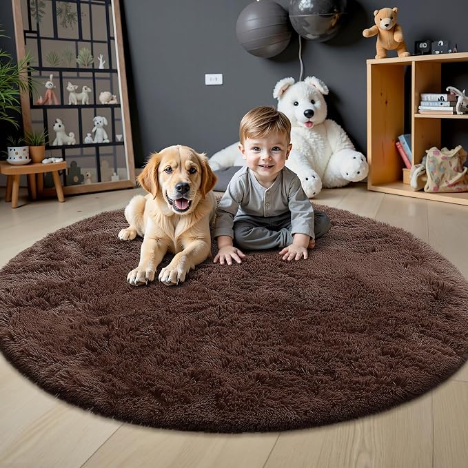 OLANLY Coffee Round Rugs for Bedroom - Machine Washable, 9 ft Circle Area Rugs for Living Room, Soft and Fluffy Shaggy Carpet for Teen Girls and Boys, Nursery Rooms, Dorms, Home Decor Aesthetic
