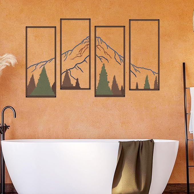 ruelen 4 Pcs Metal Mountain and Forest Wall Decor Colorful Landscape Mountain Wall Art Pine Tree Forest Wall Decoration Rustic Nature Wall Decor for Living Room Home Office Bathroom Indoor (Middle)
