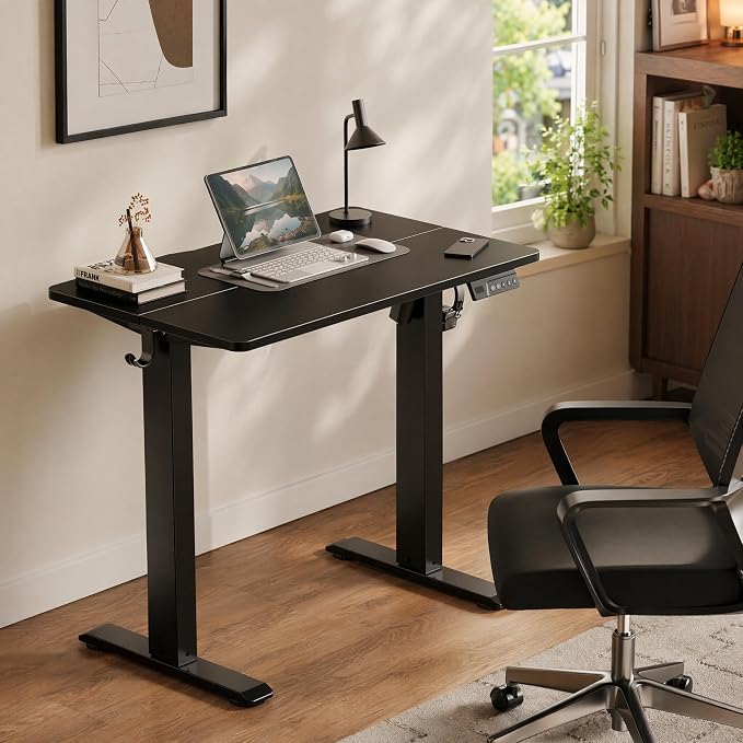 Claiks Electric Standing Desk 32 x 19 Inches, Compact Adjustable Height Motorized Sit Stand Desk with 3 Memory Presets & Cable Management, Space-Saving Computer Workstation for Bedroom, Black