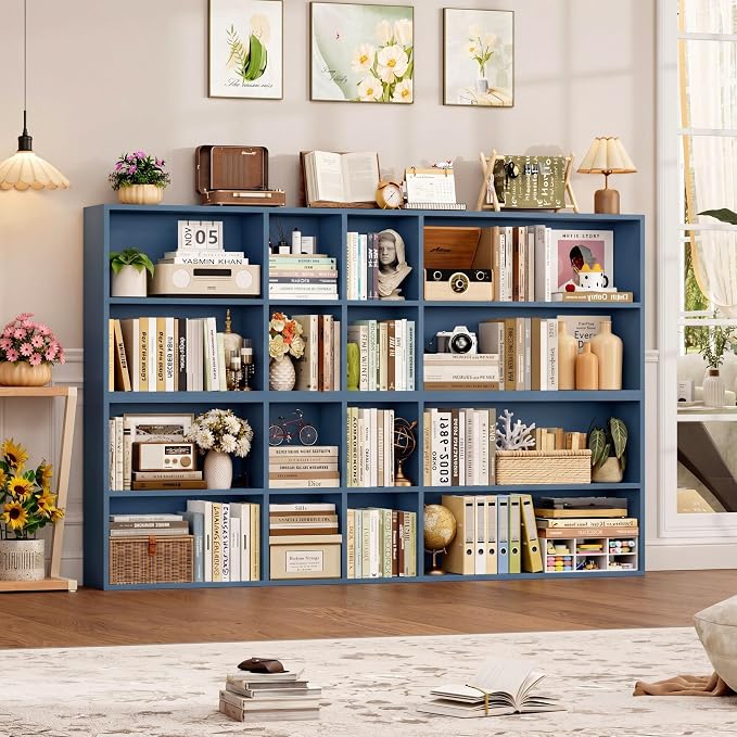 FOTOSOK 71'' Tall Bookshelf Set of 2, 7 Tier Large Bookshelf with Adjustable Shelves, Wide Bookcases and Bookshelf, DVD/CD Media Tower Storage, Cube Book Shelf Display Storage Cabinet, Blue