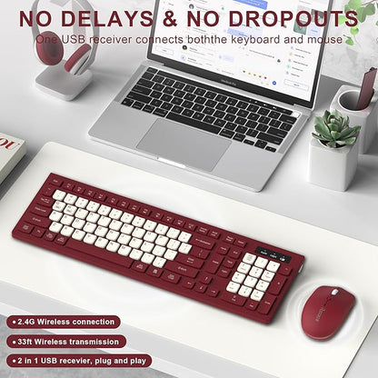 Wireless Keyboard and Mouse Combo, Full-Sized Wireless Keyboard and Adjustable DPI Mouse, 2.4GHz USB Receiver, Keyboard and Mouse for PC, Windows, Desktop, Laptop (Wine Red-B)