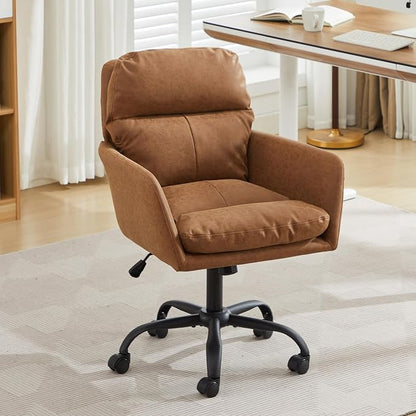 YITAI Adjustable Home Office Desk Chair with Comfy Square Mid-Back, Faux Leather 360 Swivel Upholstered Task Armchair with Wheels for Vanity Bedroom/Living Room,Study Brown