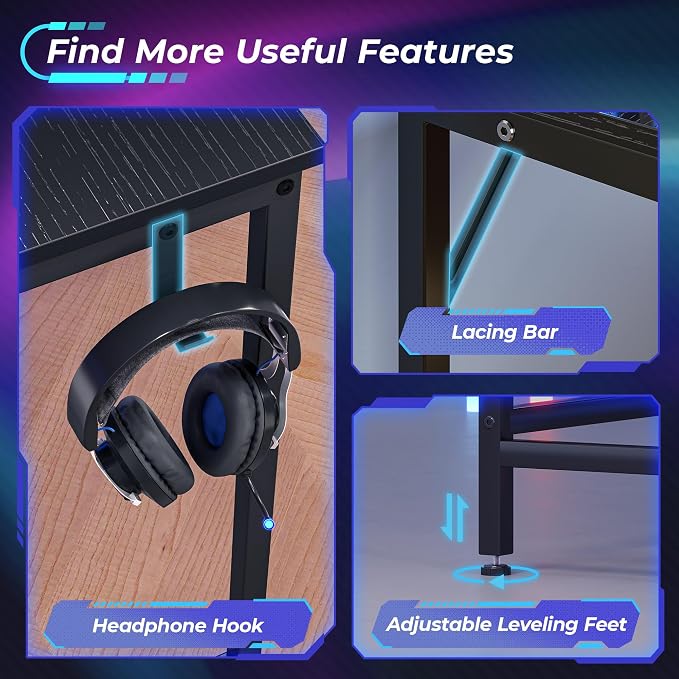 Huuger L Shaped Gaming Desk with Power Outlets & LED Lights, Computer Desk with Monitor Shelves, Home Office Desk, Corner Gaming Desk with Hooks, Black