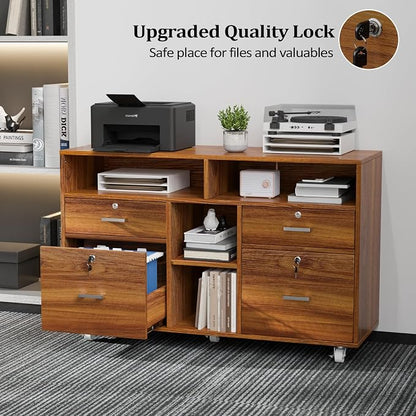 VINGLI Wide 4 Drawer Lockable Rolling File Cabinet with Open Shelves - Walnut Wood Lateral File Cabinet Printer Stand for Home Office, Letter Sized