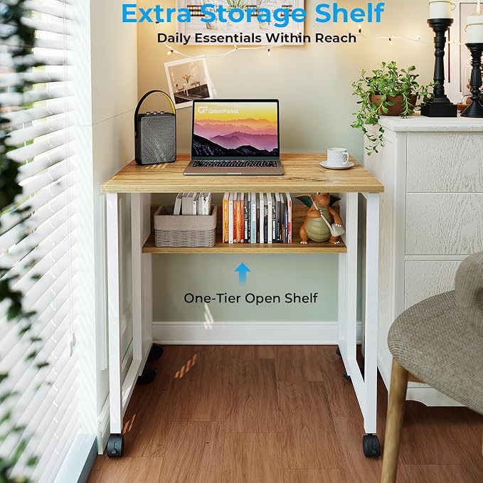 GreenForest Folding Desk with Wheels, 31.5 Inch Compact Rolling Computer Table with Storage Shelf, Portable Mobile Workstation for Small Spaces, Easy Assembly, Oak