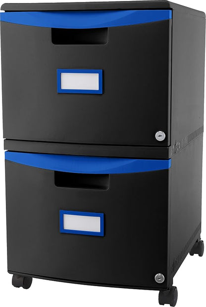 Storex Plastic Two-Drawer Mobile Pedestal File Cabinet – Locking Document Organizer with Casters for Home and Office, Black, 1-Pack (61314C01C)