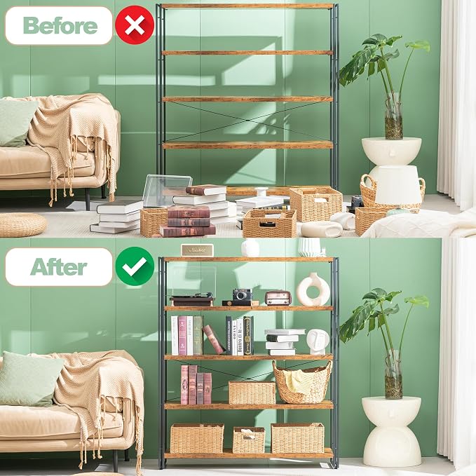 HCHQHS Bookshelf, 5-Tier Industrial Bookcase, Rustic Open Book Shelf, Freestanding Tall Bookshelves with Metal Frame