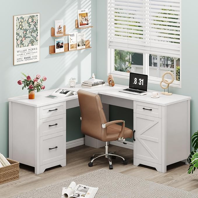 Vabches 59" L Shaped Executive Desk, Farmhouse Home Office Desk with File Drawer,Storage Cabinet, Wood Corner Sturdy Writing Workstation.Cream White