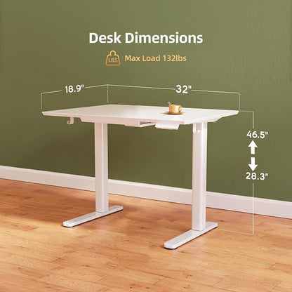 INNOVAR Glass Standing Desk with Drawers, 32×19 Inch Adjustable Stand Up Desk, Quick Install Home Office Computer Desk, White