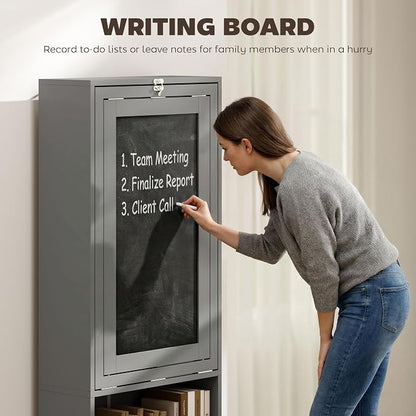 HOMCOM Foldable Convertible Writing Table, Wall Mounted Space-Saving Computer Desk with Chalkboard and Storage Shelves for Small Spaces, Home Office, Bedroom, Dorm, Apartment, Charcoal Gray