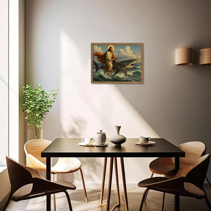 Framed Jesus Riding a Shark Wall Art, Humorous Christian Canvas Print, Fun Jesus Oil Painting, Religious Comedy Wall Decor, Christian Home Decor Gift for Living Room Bedroom Bathroom 16x24 inch