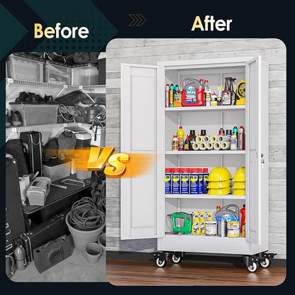 PAOFIN Metal Garage Storage Cabinet with Wheels,Steel File Cabinets with 2 Doors and 3 Adjustable Shelves for Home Office, Warehouse, Required Assembly,White