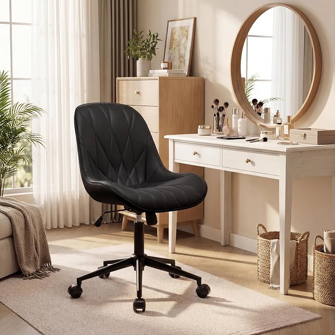 Rowill Modern Office Chair - Ergonomic Swivel Leather Desk Chair with Curved Backrest, Height Adjustable Rolling with Wheels, Perfect for Study Room & Office, Black