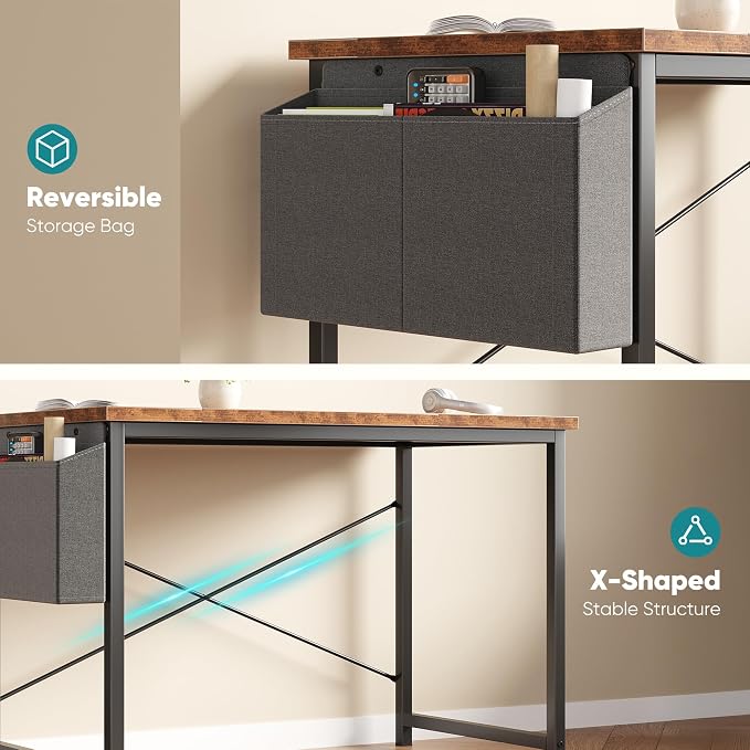 OLIXIS Computer Desk, 47 Inch Home Office Desks for Small Spaces, Writing Craft Study Gaming Table for Bedroom, Modern Computer Workstation with Storage Bag, Rustic Brown