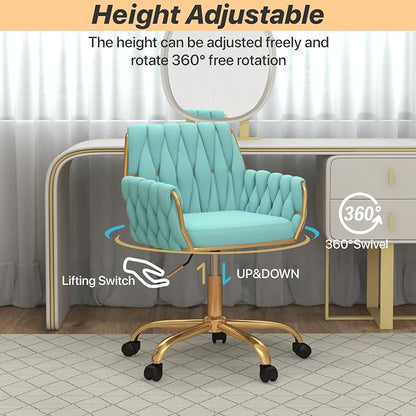 Velvet Modern Home Office Vanity Chair, 360° Swivel Adjustable Height Makeup Desk Chair with Golden Base and Hand Woven Backrest for Bedroom/Study/Vanity (Teal)