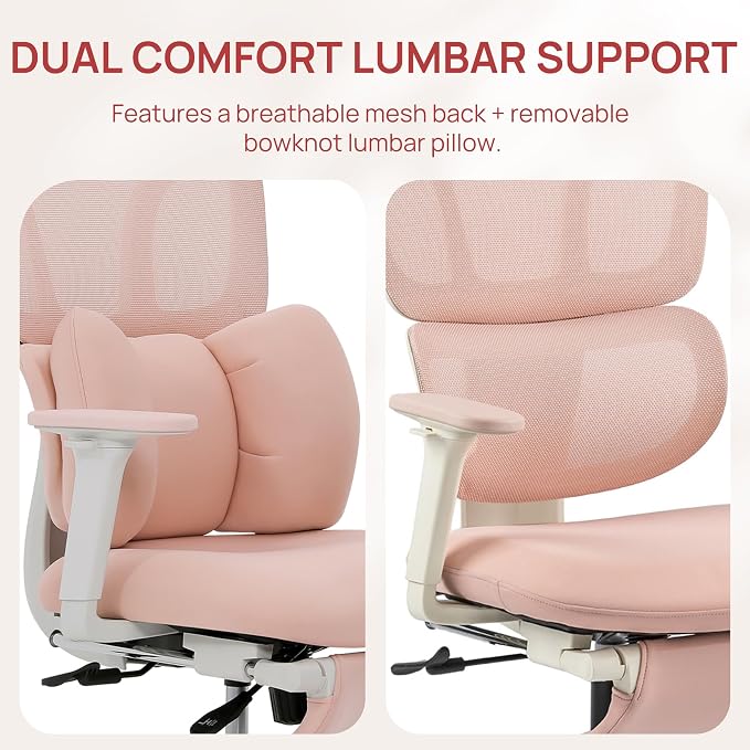 CabLady S1 High Back Ergonomic Mesh Office Chair with Footrest, 300 lbs | 115° Recline Lock, Adjust Seat Depth, 2D Arms, 3D Headrest, Detachable Lumbar Support, Breathable Mesh, BIFMA, Pink