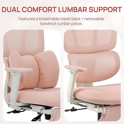 CabLady S1 High Back Ergonomic Mesh Office Chair with Footrest, 300 lbs | 115° Recline Lock, Adjust Seat Depth, 2D Arms, 3D Headrest, Detachable Lumbar Support, Breathable Mesh, BIFMA, Pink