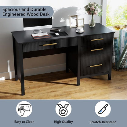 Fluted Executive Desk with Drawers: 54" Black Home Office Desks with File Drawers, Modern Computer Desk with Gold Handles, Writing Table for Study, Living Room (Black, 54")