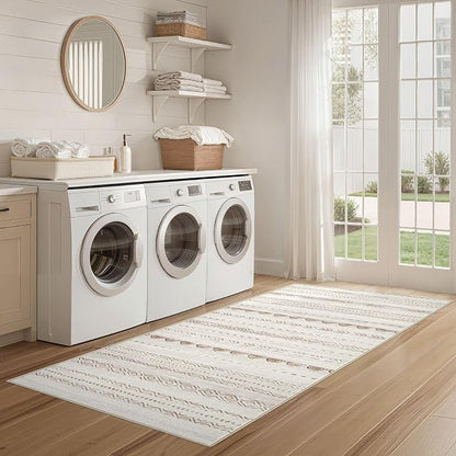 Nakagishi Runner Rug Kitchen Washable Rugs: 2x6 Non-Slip Boho Soft Modern Stain Resistant Indoor Floor Neutral Farmhouse Throw Carpet for Hallway Bathroom Laundry Room Entryway Bedroom- Beige