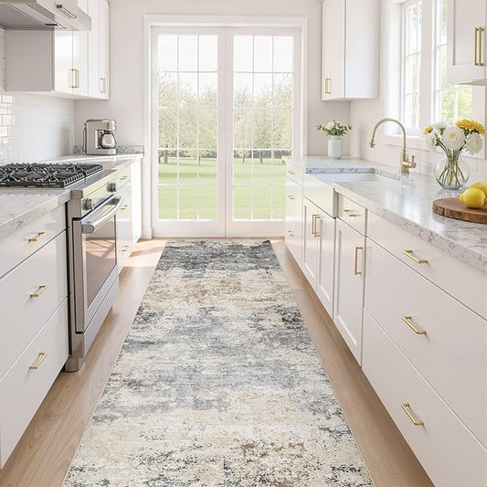 Runner Rug Kitchen Washable Rugs: 2x10 Non-Slip Abstract Soft Modern Stain Resistant Indoor Floor Neutral Accent Throw Carpet for Hallway Bathroom Laundry Room Entryway Bedroom- Grey Brown