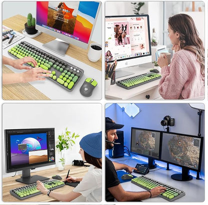 FD Wireless Keyboard and Mouse Combo | Cute Colorful Keyboard and Mouse with 2.4GHz Cordless Retro Typewriter Keyboard | Auto-Sleep | USB Receiver for Windows PC/Laptop - Grey Green Gradient